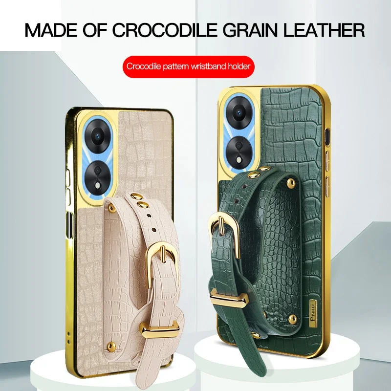 

Crocodile Leather Wrist Strap Phone Case For OPPO A78 A98 A79 A77s A59 A57 A58 A60 4G 5G Holder Stand Wristband Cover Soft Cases