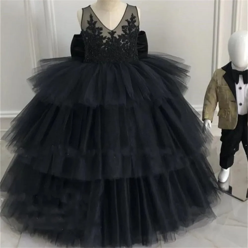 Flower Girls Dress Elegant Black Black Tulle Party Bow For Wedding Children Birthday Gift Princess Lace First Communion Dresses