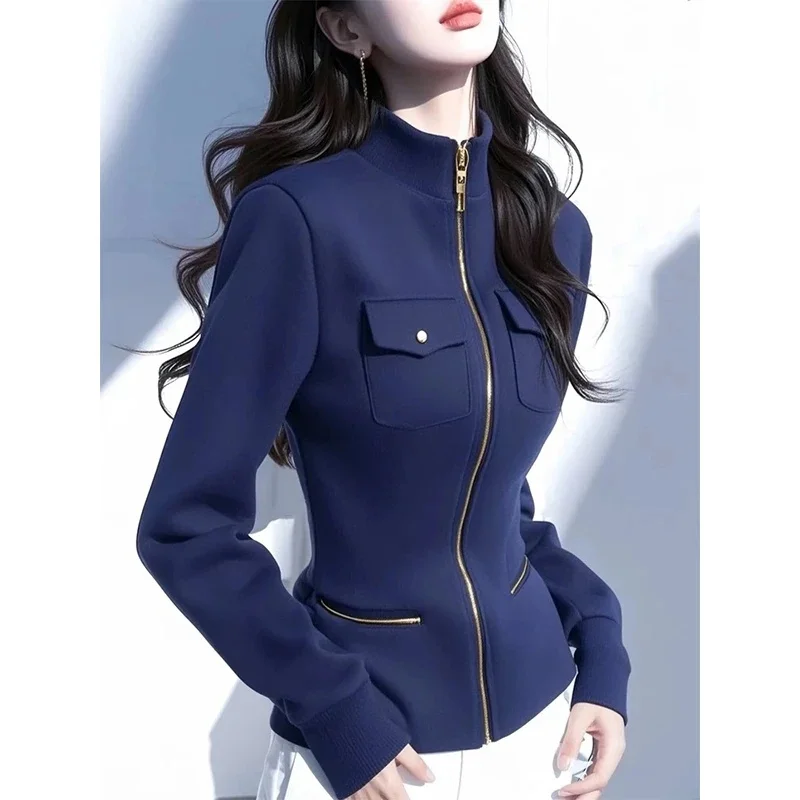 

Black tand Collar Long Sleeve Hoodie Sweatshirts For Women 2025 Spring Autumn Korean Casual Slim Zipper Jacket Wild Short Coat