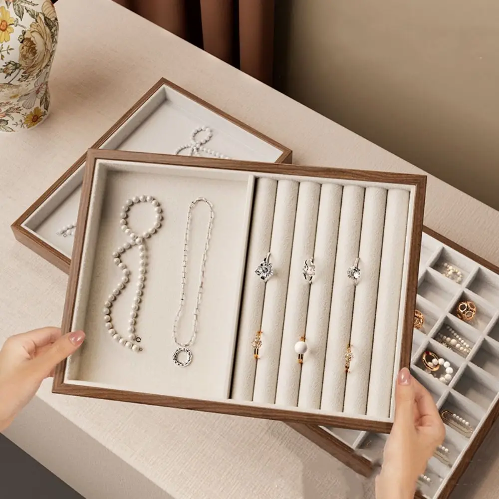 

28 Grids Wood Rings Tray Velvet Necklace Case Ring Earring Holder Jewlery Organizer Exquisite Jewelry Display Tray Store