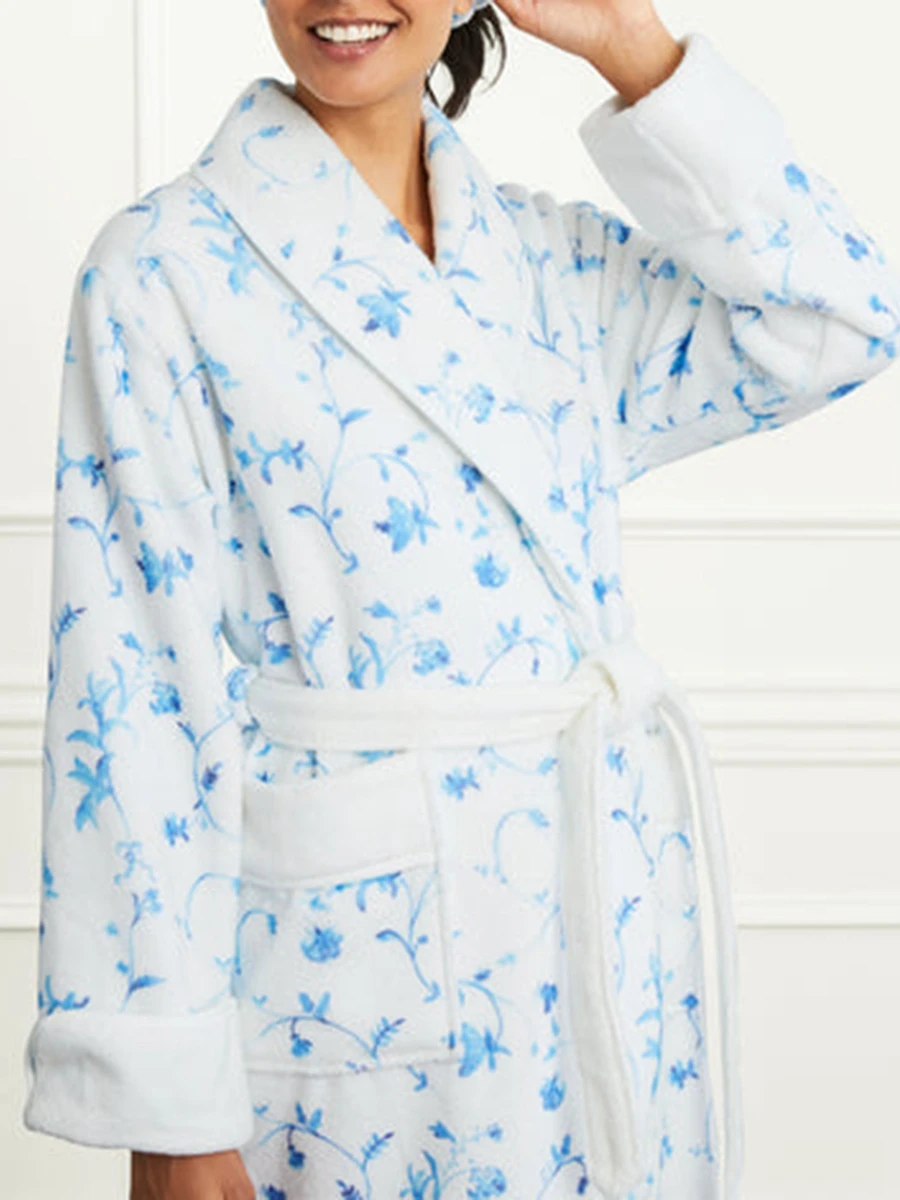 Women Winter Kimono Bathrobe Floral Print Warm Long Sleeve Spa Night Robe with Belt for Soft Pajama Outfit