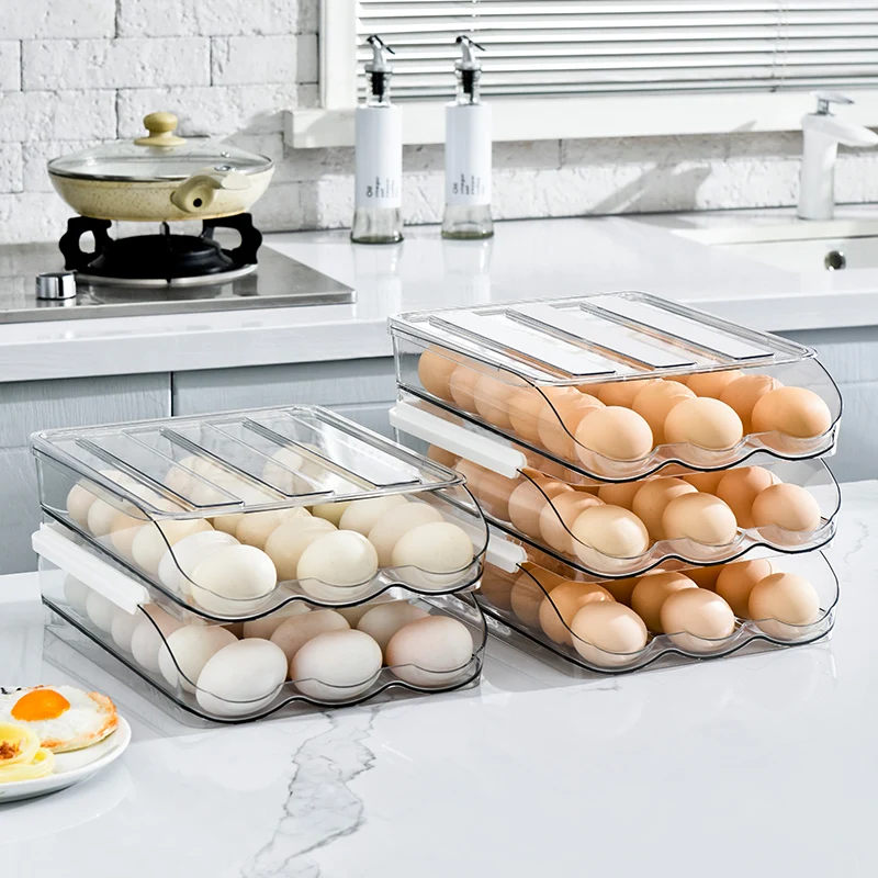 Egg Storage Box, Refrigerator Preservation Box, Slide Type Automatic Rolling Egg Retrieval Box, Large Capacity Egg Tray