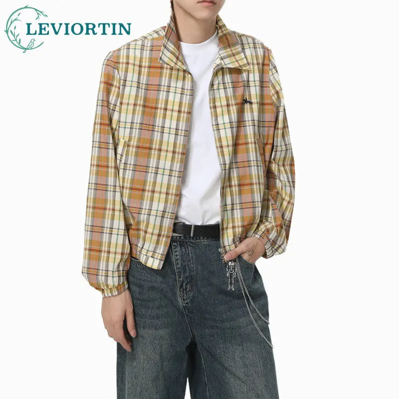 

Spring and Autumn Men's American retro checkered contrasting color fashionable versatile lapel short zipper cardigan jacke