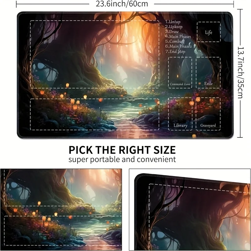 Playmat tapete de jogos de borracha antiderrapante com paisagem de floresta mística, grande 24x14 Polegada mesa rpg tapete acessórios para pc almofada de mesa