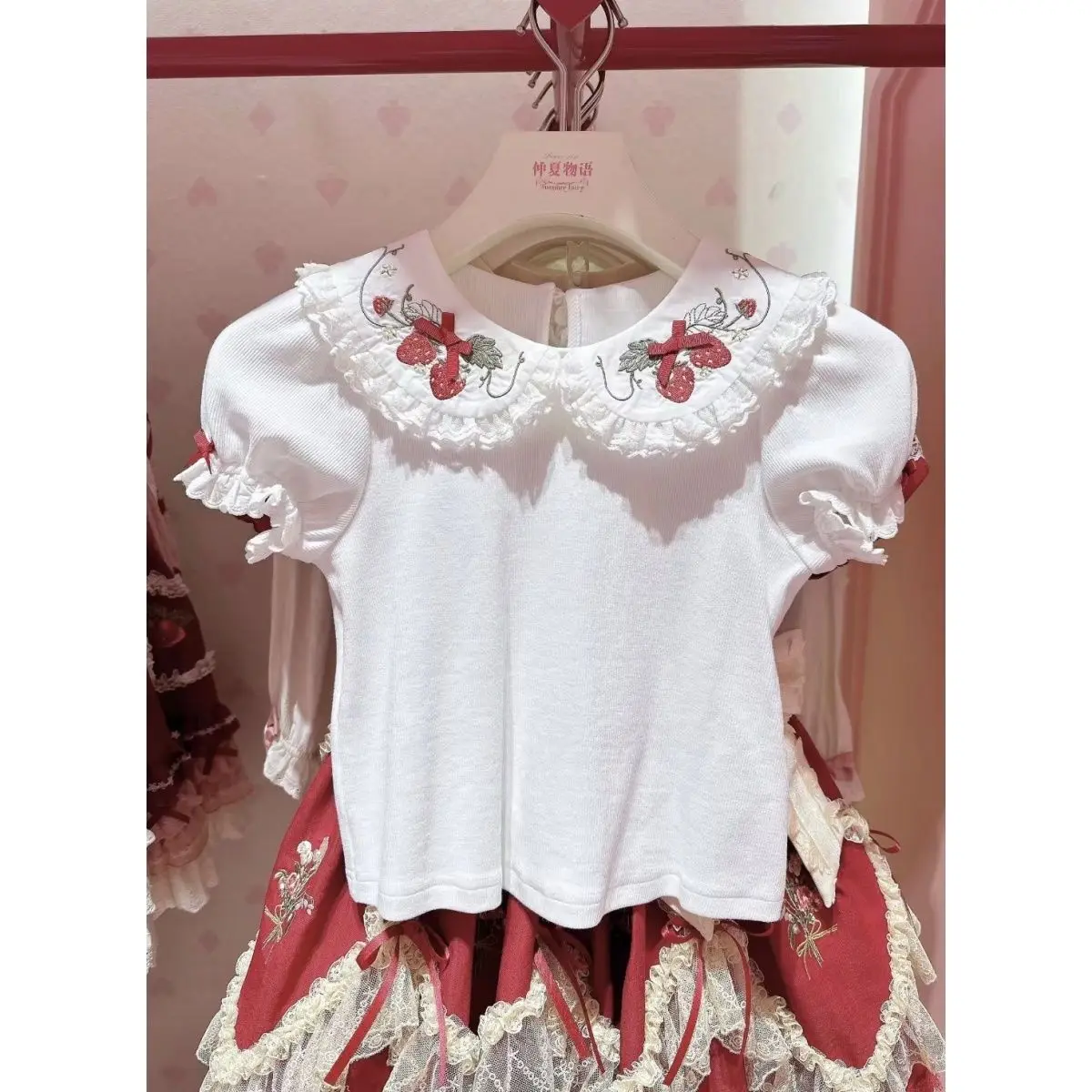 Kimotimo Y2K Retro Cute Lolita Short Sleeve Top Women Sweet Doll Collar Inner Wear Blouse Kawaii Style Base Layer Shirt