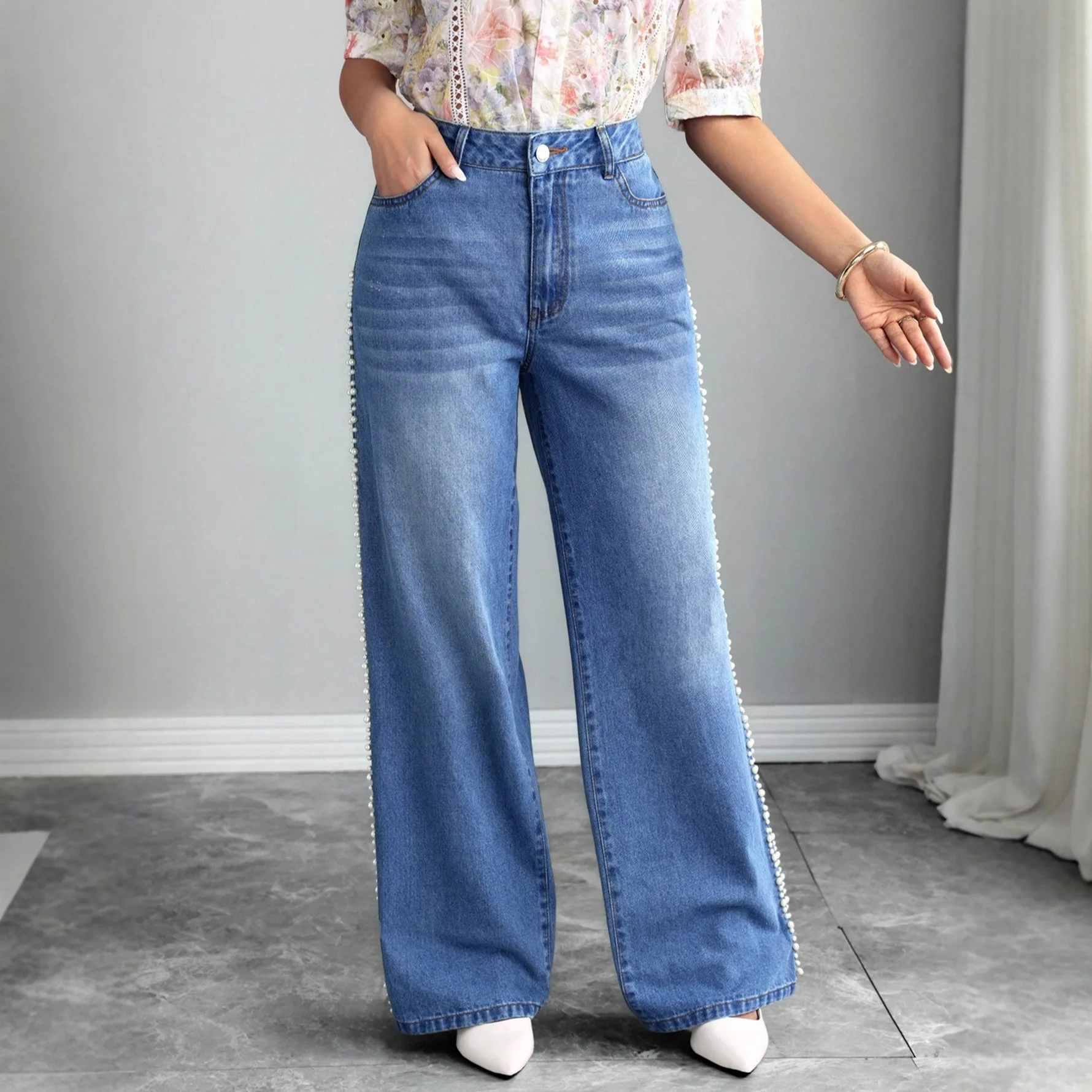 Herfst nieuwe damesjeans parelkant losse rechte denimbroek baggy jeans