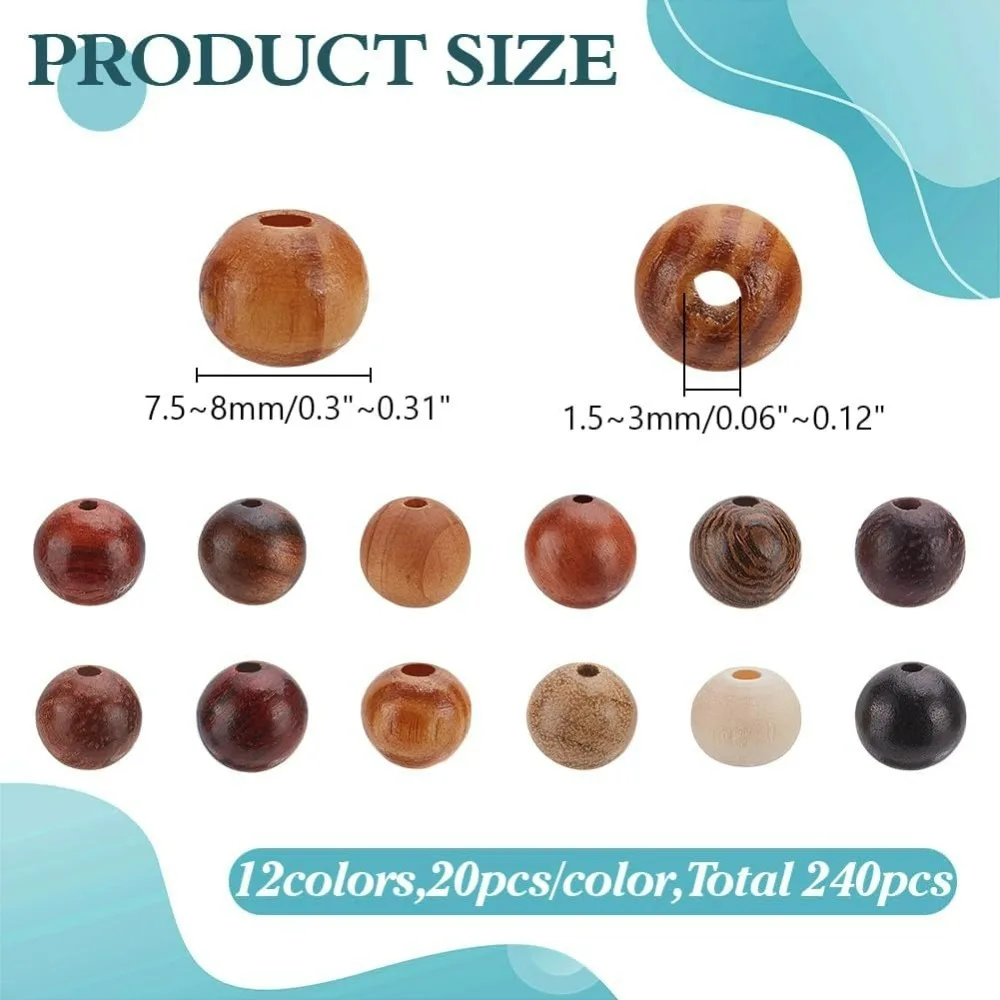 240개 12색 나무 원형 구슬 7.5mm 8mm 원형 나무 광택 스트라이프 루즈 크래프트 비즈 수제 미완성 목재