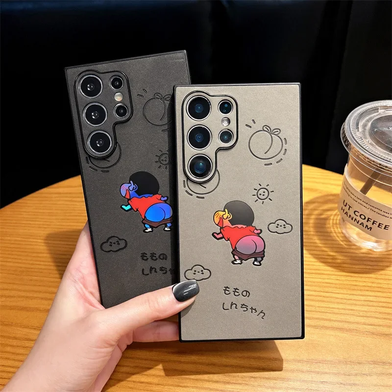 لطيف الكرتون مضحك تلوين شين تشان فو الجلود الليزر قضية الهاتف لسامسونج غالاكسي S25 S24 S23 S22 الترا زائد غطاء مقاوم للصدمات