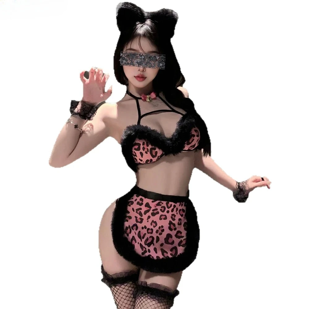 

Аниме розовый леопардовый узор, униформа для девочек-кошок, плюшевое сексуальное женское белье, наряд, пижамный костюм, косплей, женское ночное белье для ролевых игр, нижнее белье