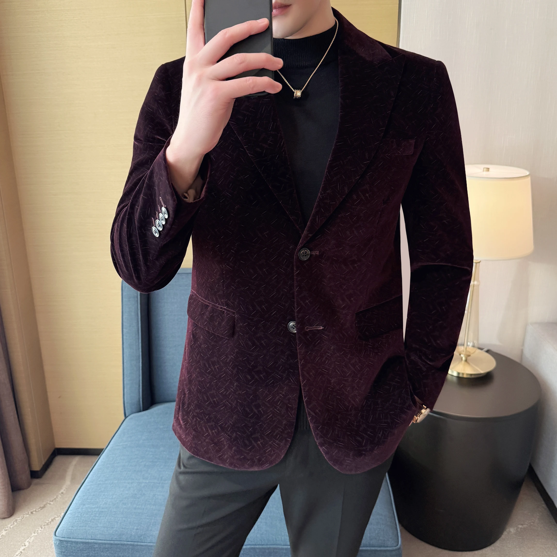 

Зимний вельветовый пиджак, мужской корейский модный деловой повседневный мужской пиджак с двумя пуговицами, облегающий удобный мужской пиджак