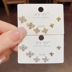 Exquisite Fashionable Unique Zircon Bee Combination Three-Piece Design Silver Needle Earrings