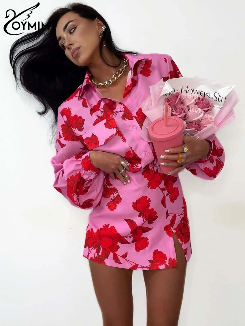 Oymimi Casual Pink Print Sets Womens 2 Piece Elegant Lapel Long Sleeve Pockets Button Shirts And High Waist Side Slit Skirts Set