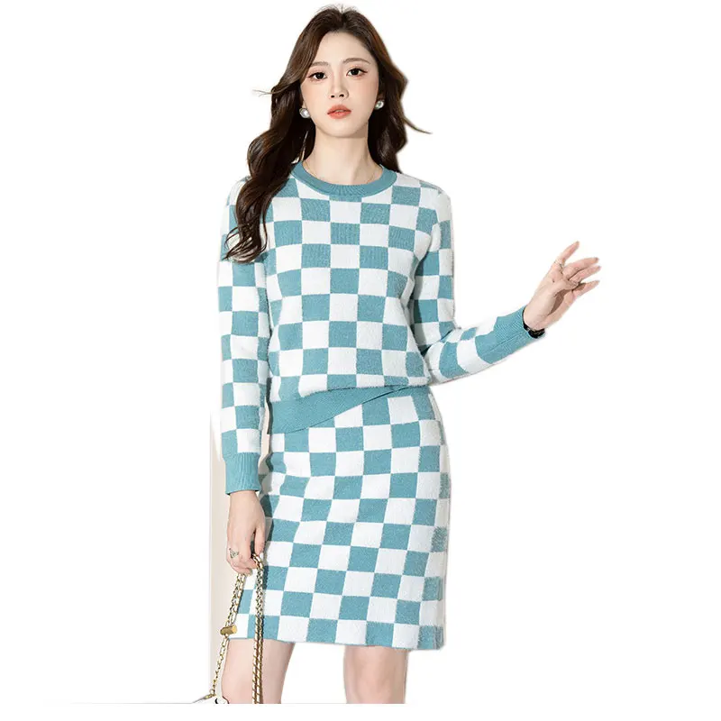 Ladies' Blue and White Checkered 2-pcs Knitted Set Coat+Skirt 2025 New Spring and Autumn Small Fragrant Style Stripe Set