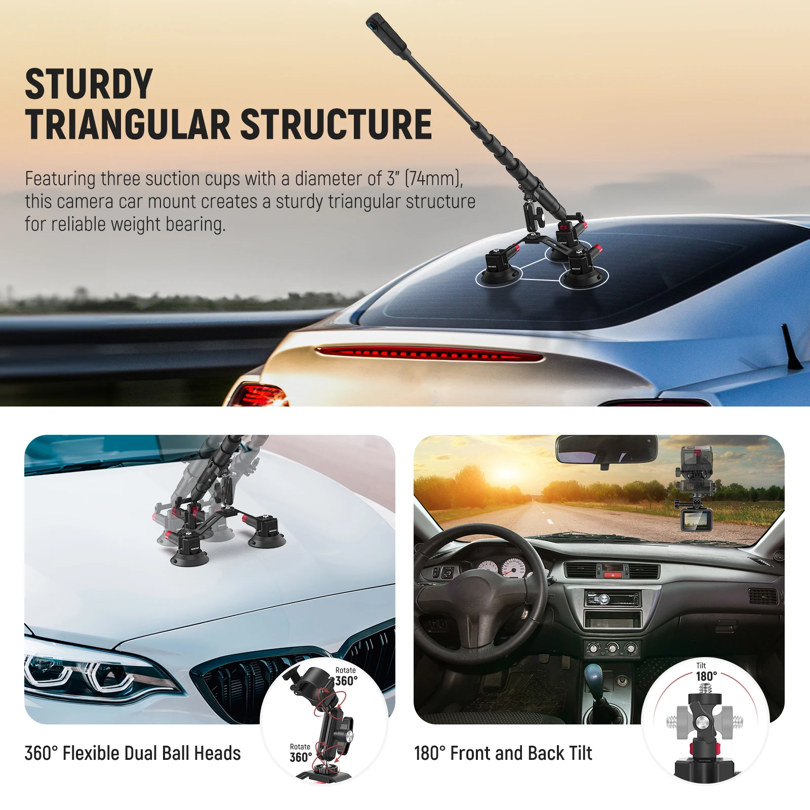 Neewer Triple Suction Cup Car Mount Kit Quick Release Outside Windshield Magic Arm Camera Mount with Action Camera Adapter