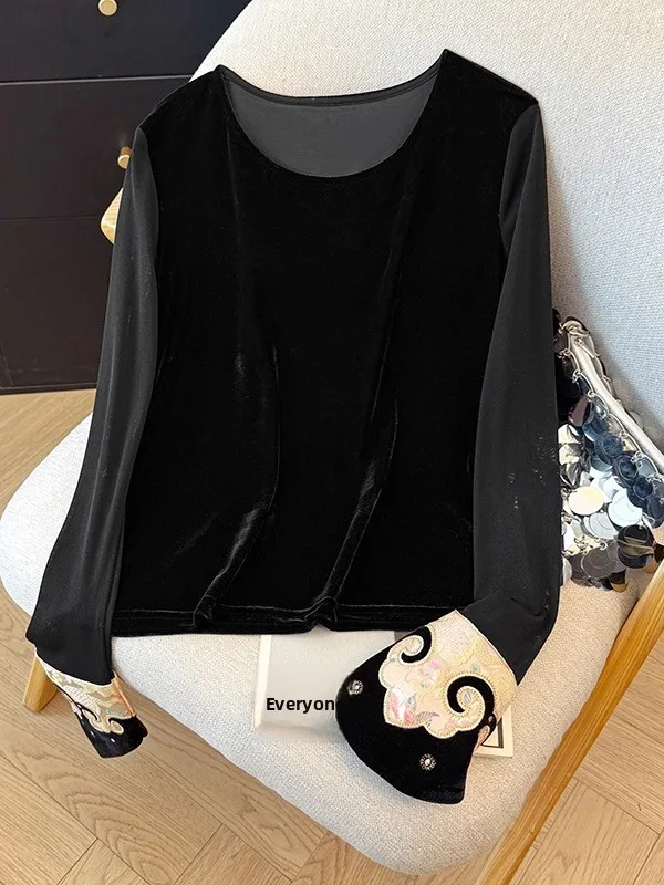 Ele chino Sle bordado oro terciopelo largo Sve redondo Ne camiseta mujer otoño Faion alta gama Base irt tendencia...