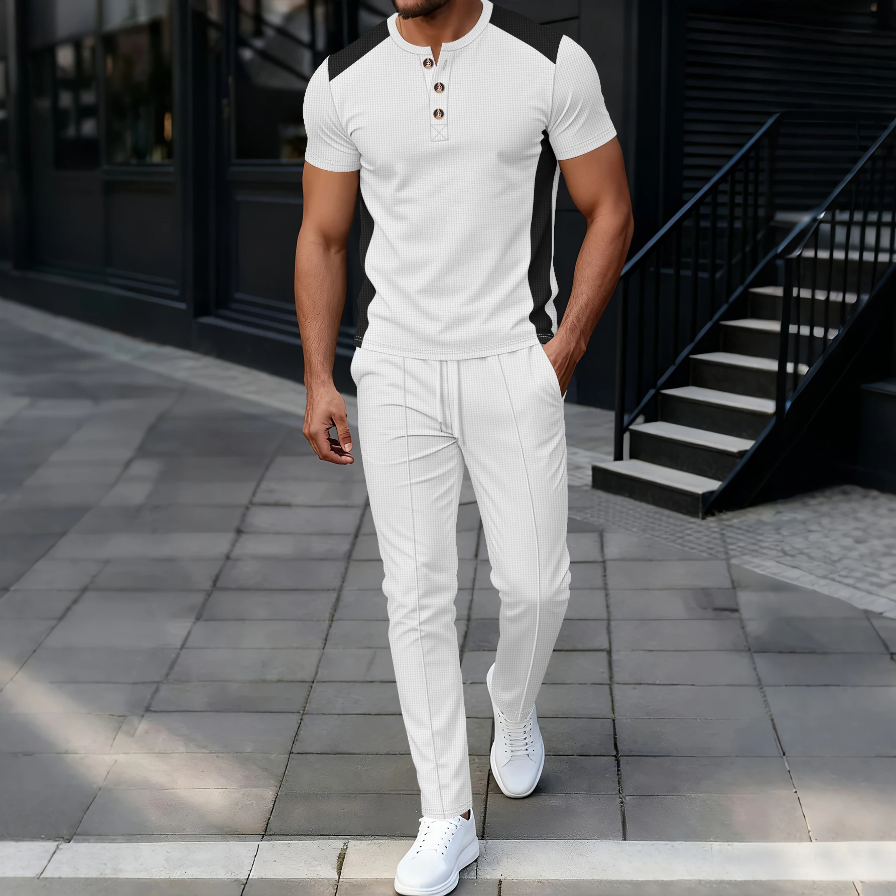 

Men's Waffle Knit Henley 2 Piece Outfit – Color Block Short Sleeve T-Shirt & Drawstring Long Pants Casual Tracksuit Set