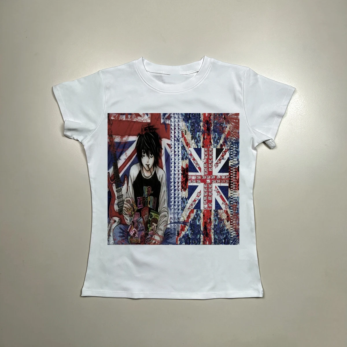 Y2K Punk Rock Anime Union Jack Long Sleeve T‑Shirt Women Guitar Character Graphic Slim Fit Casual Streetwear Tee Tops