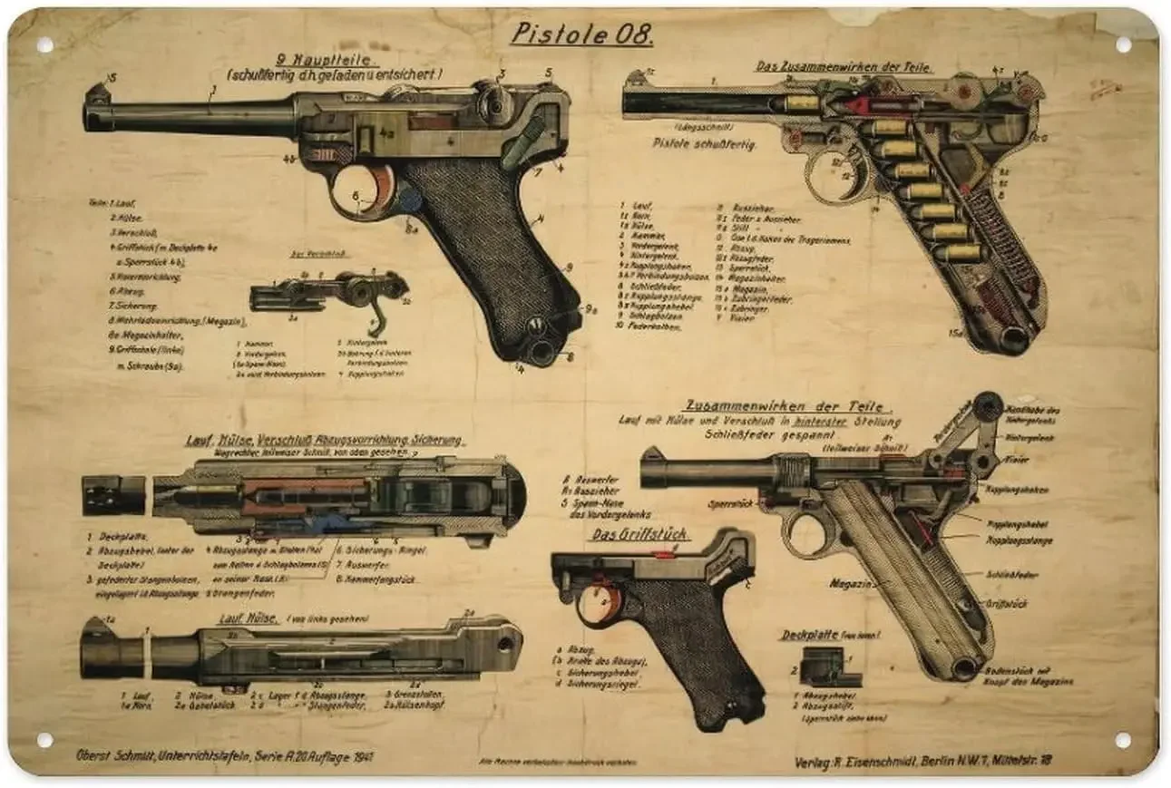 2027 World War Ii Luger Pistol 08 Poster Print Story Firearm Collection Gift, Home Office Living Room Wall Art Metal Tin Plaq