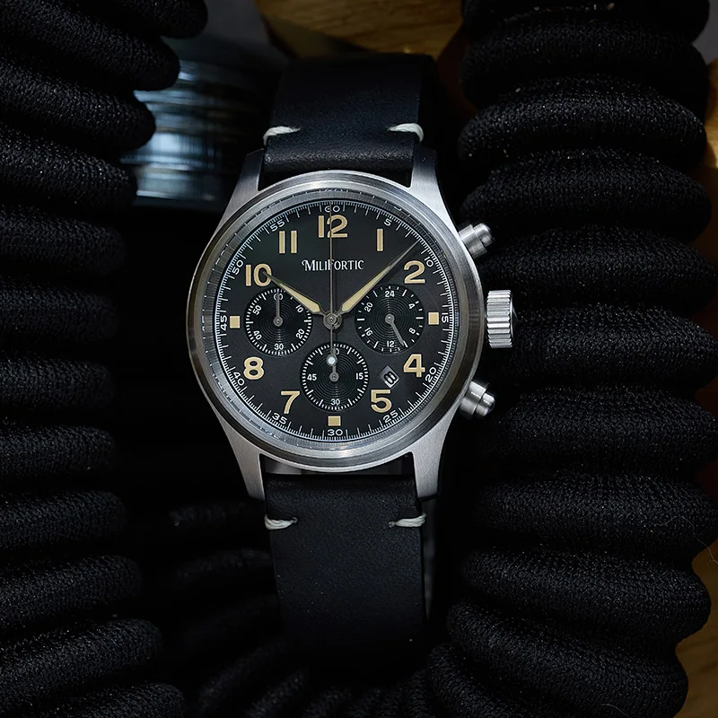 MF Affordable Retro Military Watch 10ATM Date 3-Subdial Leather Luminou Stainless Steel Solar-powered Chronograph Watches
