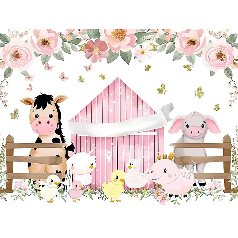 Fondos de fotografía de granja de dibujos animados con cerdo y granero, casa rosa, decoración de fiesta de feliz cumpleaños, estudio fotográfico, ZZ-01
