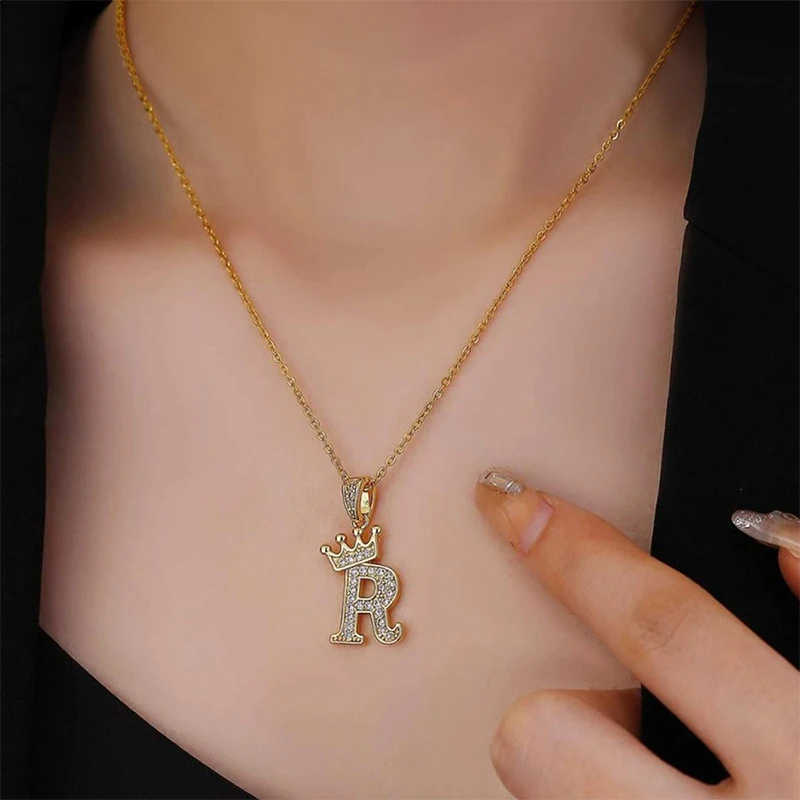Fashion Cubic Zirconia Crown Letter Pendant Necklace Gold Hip Hop Punk Alphabet Jewelry
