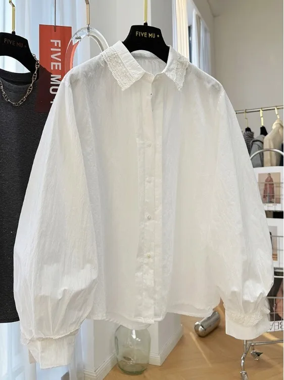 

Korean Style Pure Cotton Lace Trim Simple Shirt Women's Spring New Arrival Original Design Loose Fit Long Sleeve Commute Frie...