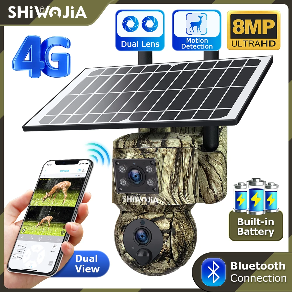 

SHIWOJIA 8MP 4G Solar Security Camera Dual Lens WIFI Outdoor 4K 360° View Animal Monitoring Camouflage PIR Night Vision Cameras