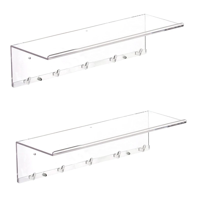 Clear Floating Shelves Display LED,2 PCS Decorative Wall Storage Shelves With Detachable Towel Hooks