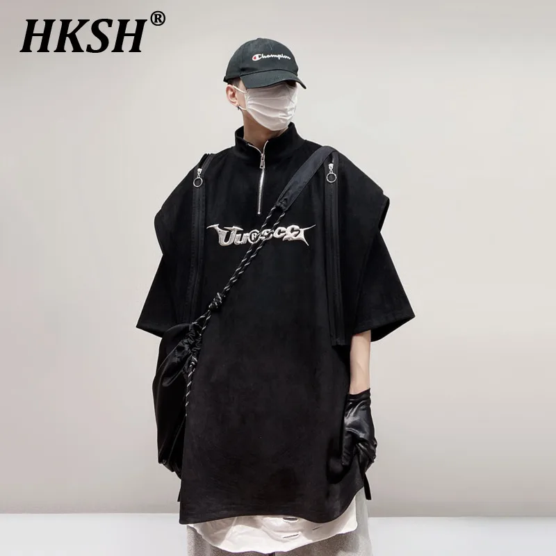 HKSH Hip Hop Fashion Oversized Short Sleeve Loose Punk Vintage Tees Streetwear Shoulder Pad Turtleneck Men's Tide T-shirt HK0927