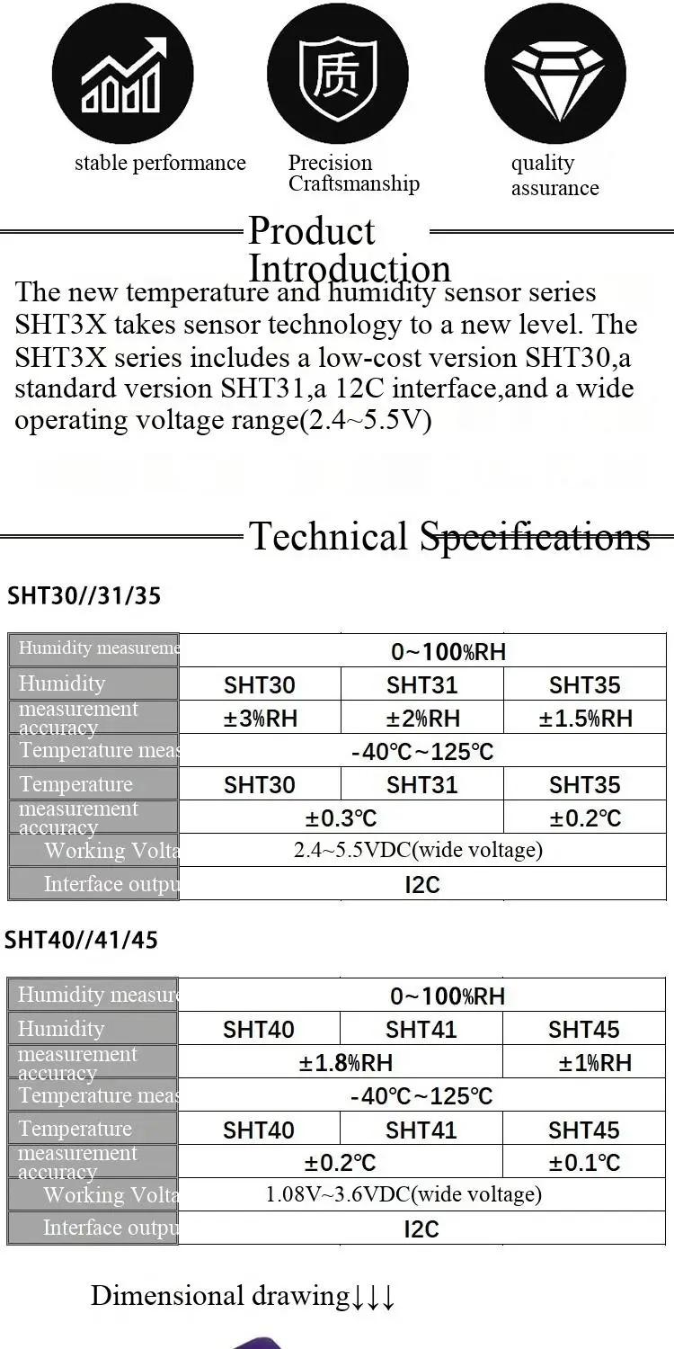GY-SHT30-D, GY-SHT31, SHT35, SHT40, SHT41, SHT45 Digitale Temperatur- und Feuchtigkeitssensoren – Detail 2