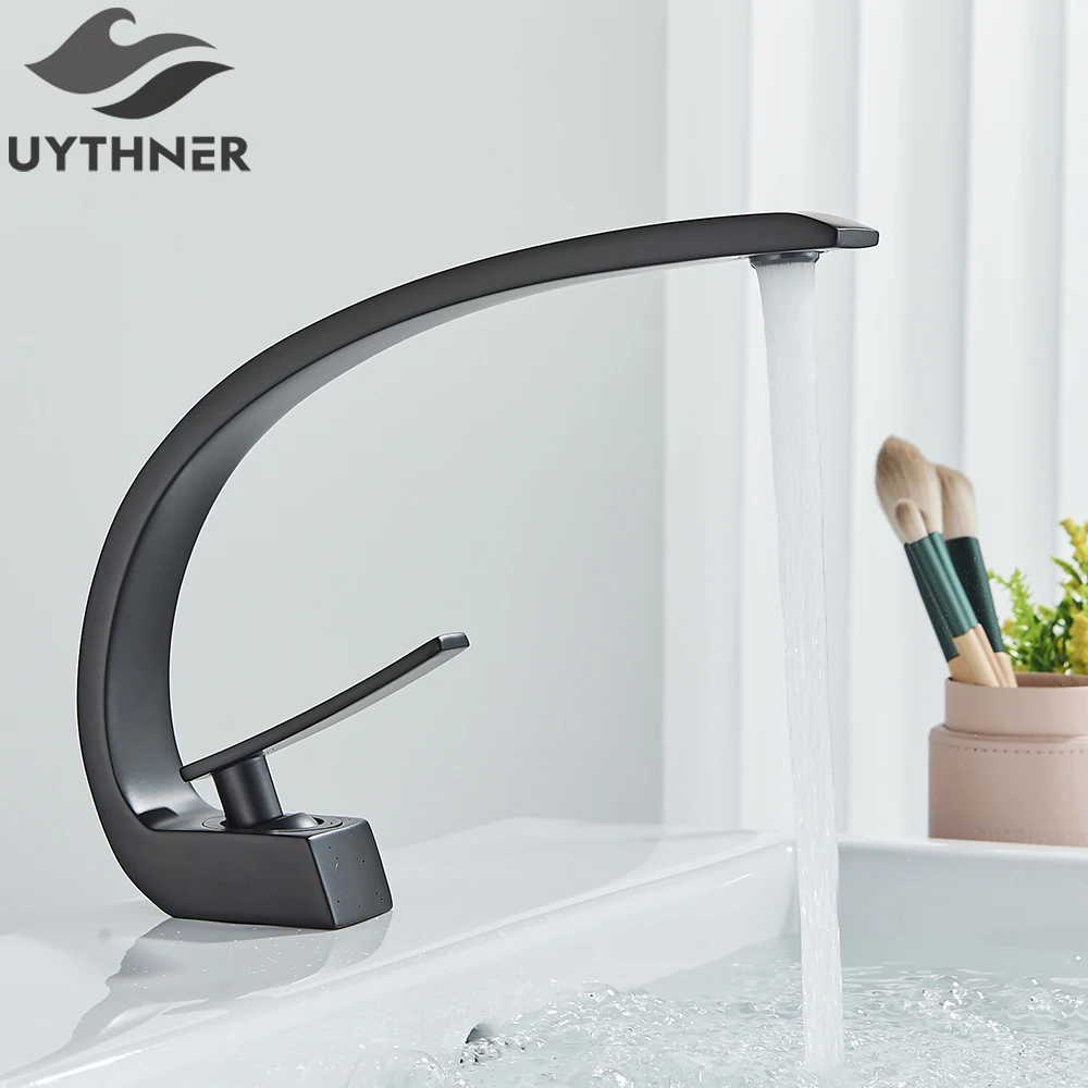 Uythner Black Basin Faucets Bathroom Water Mixer Taps Brass Washbasin Faucet Single Handle One Hole Bath Sink Crane Tap