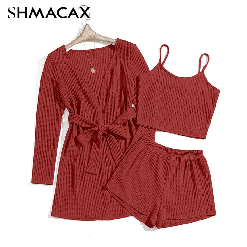 Three-piece Home Wear Set For Women, Waffle Knitted Suspenders, U-neck Top, Trousers, Robe, Pajamas, Three-piece Set