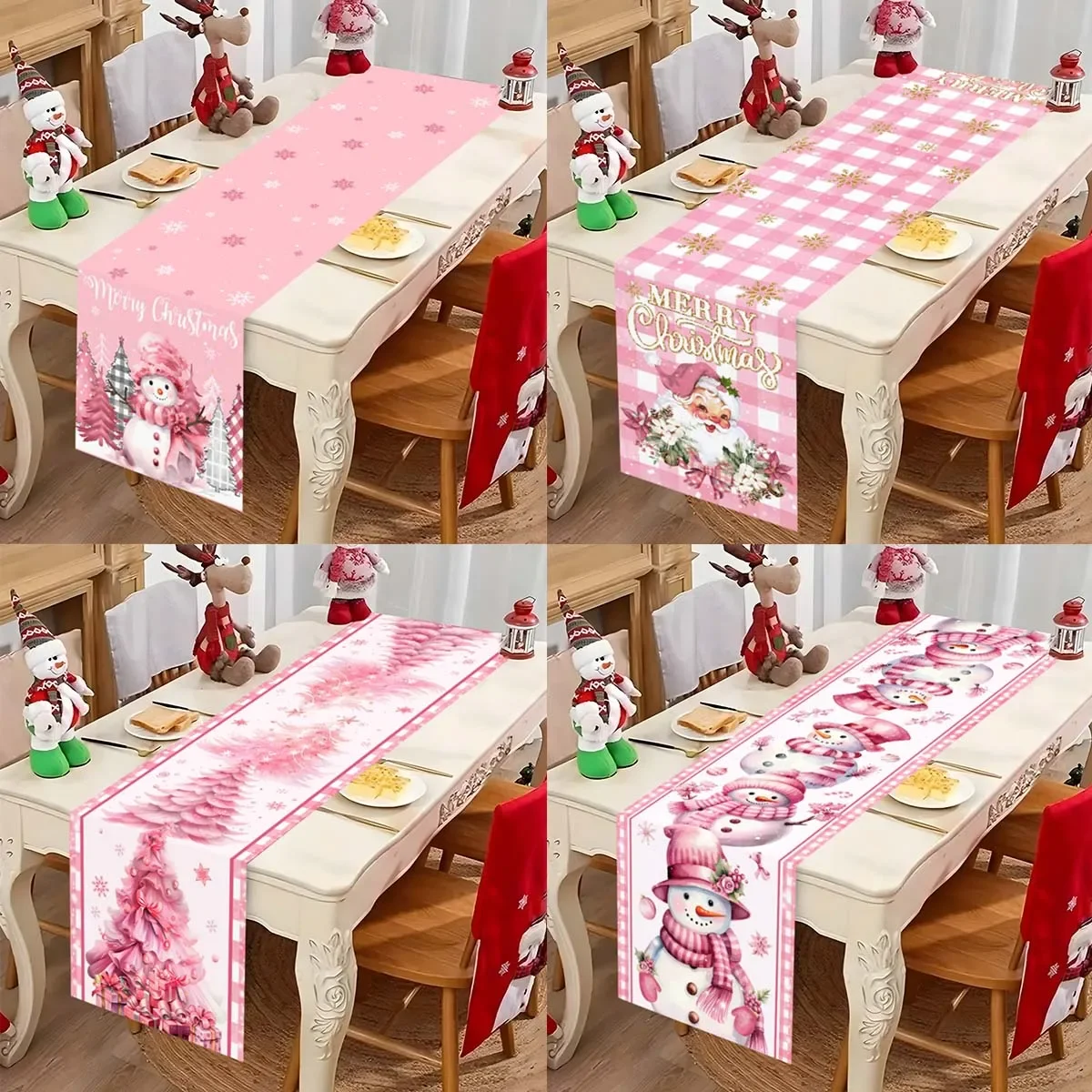 Pink Christmas Table Runner Santa Claus Table Flag Christmas Decorations For Home 2024 Xmas Navidad Gifts New Year Tablecloth