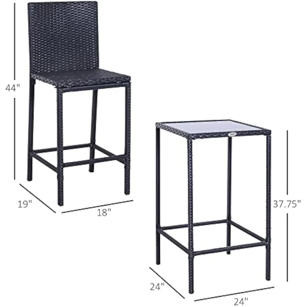 3pcs Rattan Bar Set with Glass Top Table, 2 Bar Stools for Outdoor, Patio, Garden, Poolside, Backyard