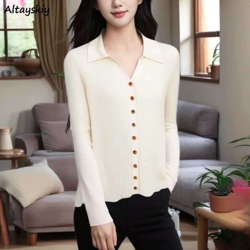 

Knitted Cardigan Women Button-up Simple Elegant Jumpers Корейская Мода Outwear Lady Slouchy All-match Hot Sale Turn-down Collar