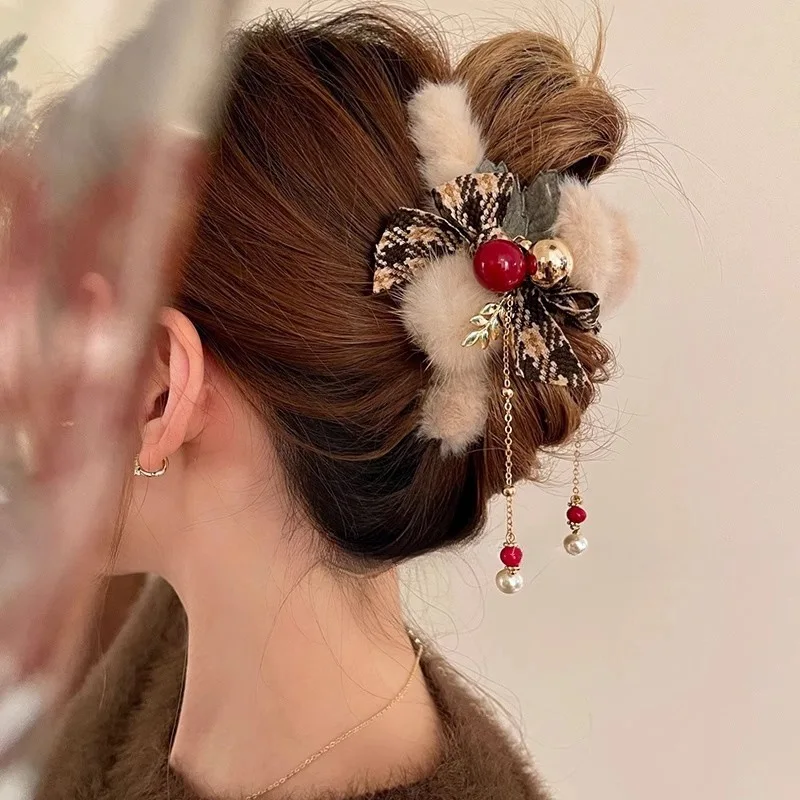 Korean version plush hairpin female back head bow grab clip large crab clip Christmas jewelry hair bow hair accessories