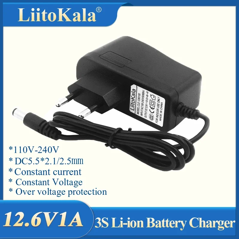 LiitoKala 12.6V 1A Lithium Battery Charger 18650/Polymer Battery Pack 100-240V EU/US Plug Charger With Wire Lead DC 5.5*2.5mm