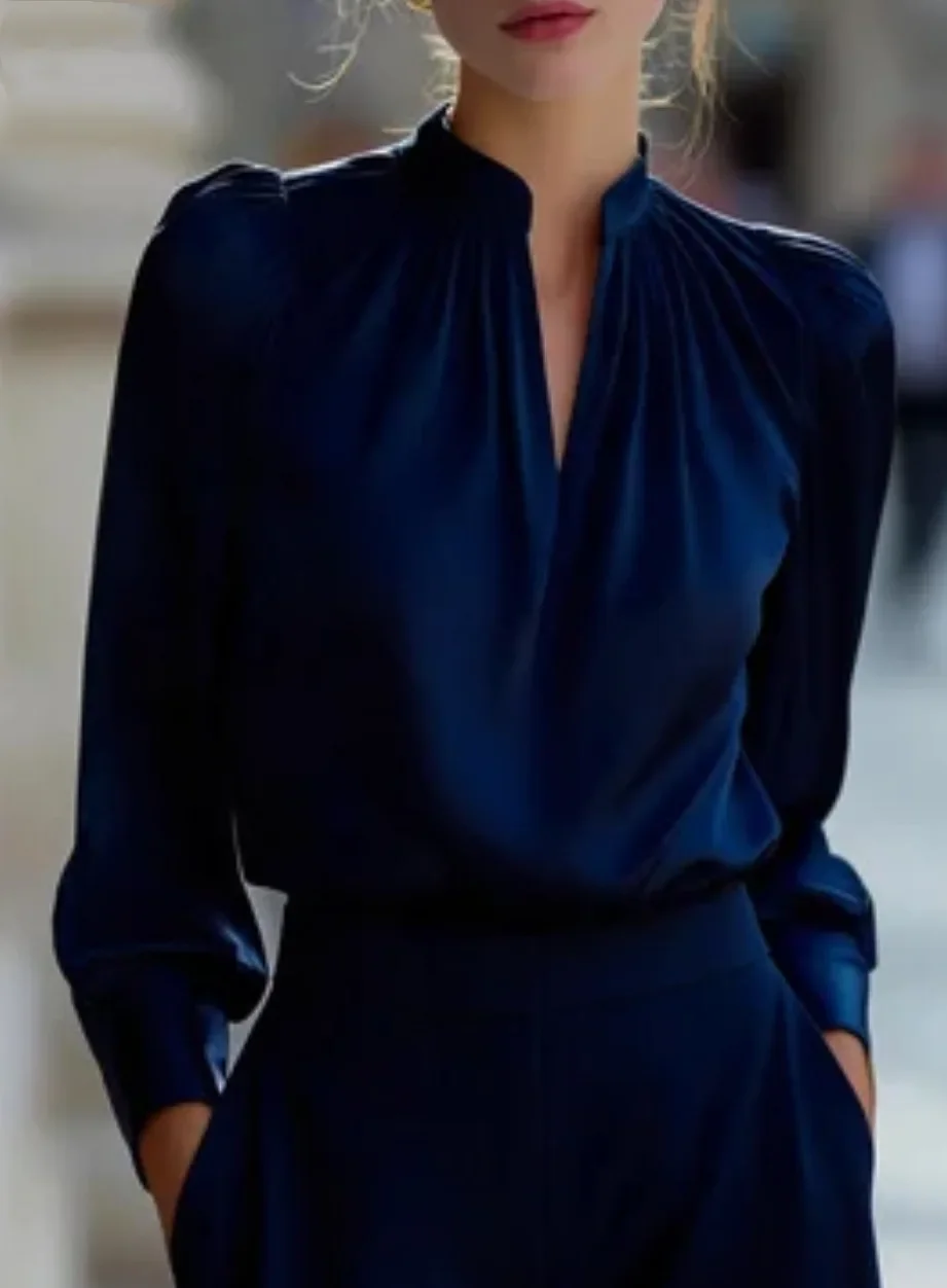 Women Stand Collar Split V Neck Blouse Long Puff Sleeve Shoulder Gathered Elegant Office Shirt Top