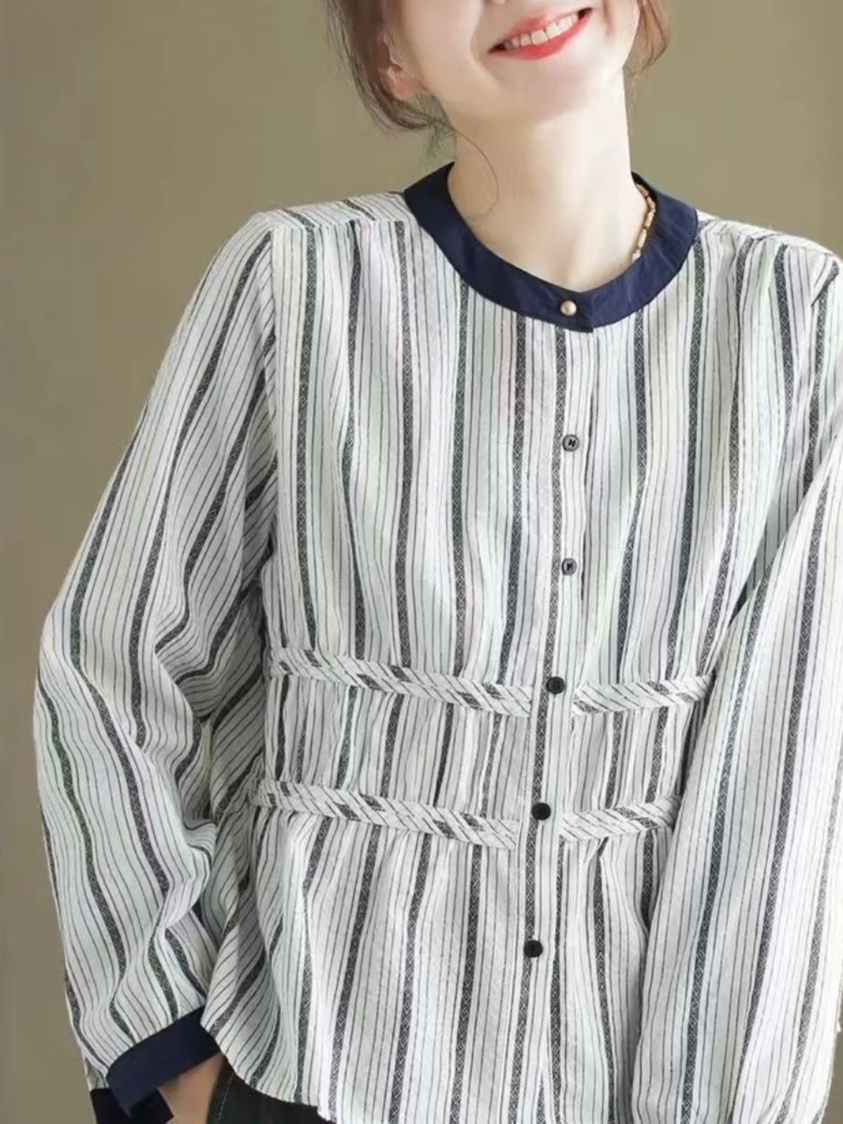 

Loose Fit Women's Long Sleeve Cotton Shirt round Neck Striped Color Block Casual Fashion Small Top Comfortable Breathable