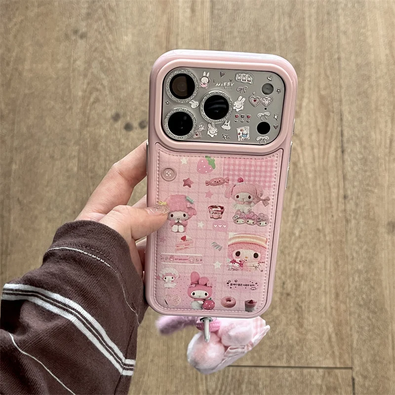 

Korean Cute Pink Melody Leather Phone Case For iPhone 17 16 Pro 15 14 Pro Max Cover with Plush Melody Hand Strap Cartoon Cases F