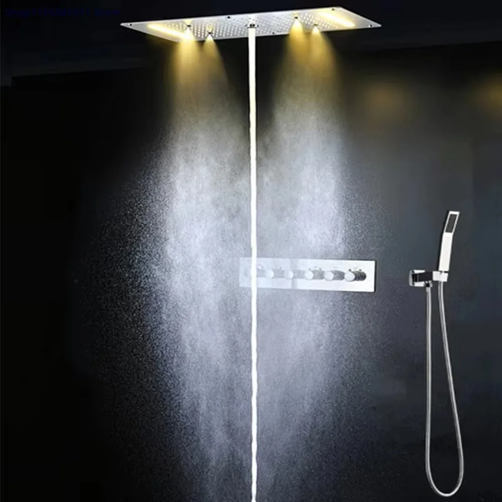 Thermostatic Shower System Ceiling LED Rainfall Waterfall Massage Large Shower Head Panel Embedded Installation Bathroom