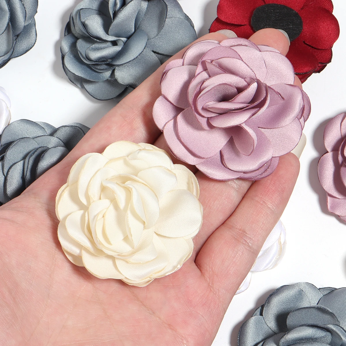 3Pcs/Lot 5cm Satin Fabric Flowers Handmade Burned Edge Camellia Flower For DIY Sewing Crafts Clothing Accessories Wedding Decor