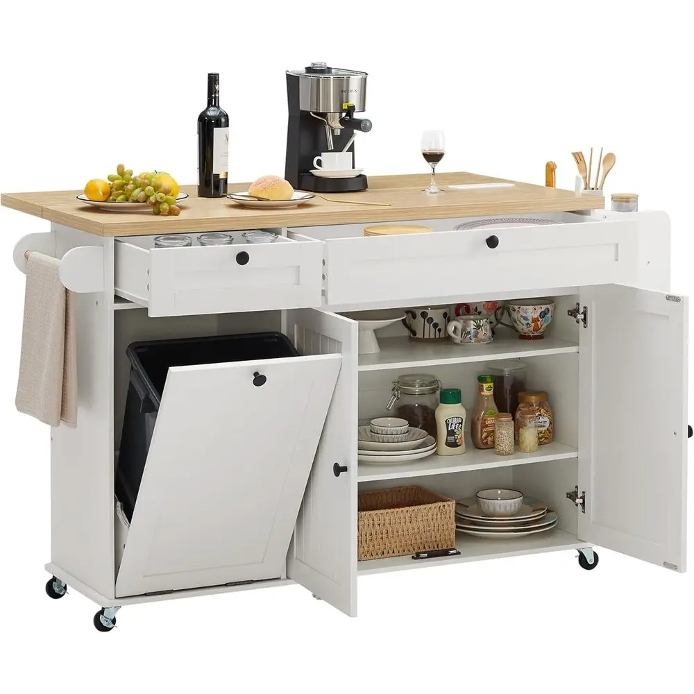 60" Kitchen Island with Power Outlet & Drop Lea, Rolling Island with Spice Rack & Towel Rack, Kitchen Island Cart with Trash Sto