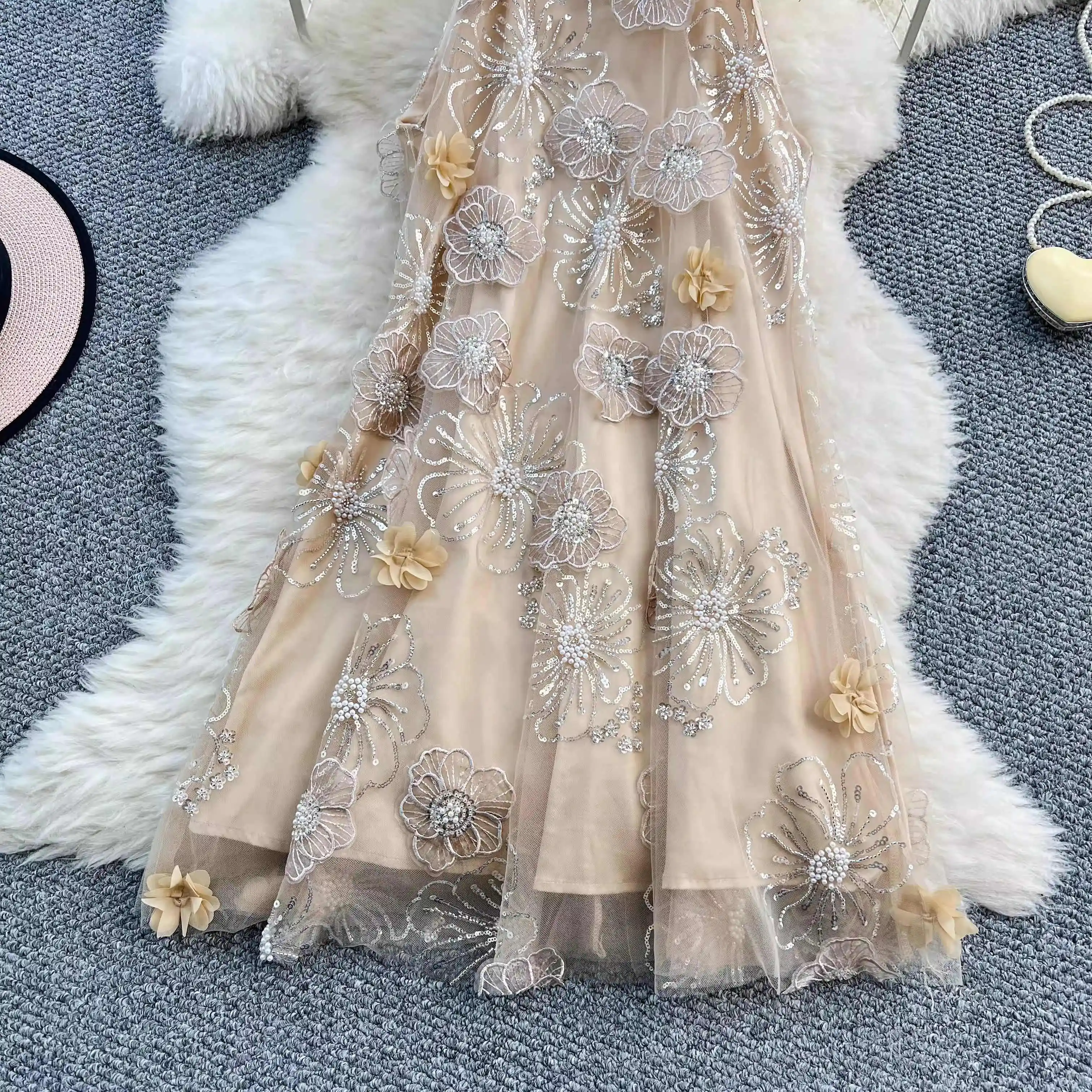 Golden Beading Mesh Dress Women Sleeveless Halter Summer Streetwear Chic Clothing Lady Holiday Party Summer Vestidos Bodycon