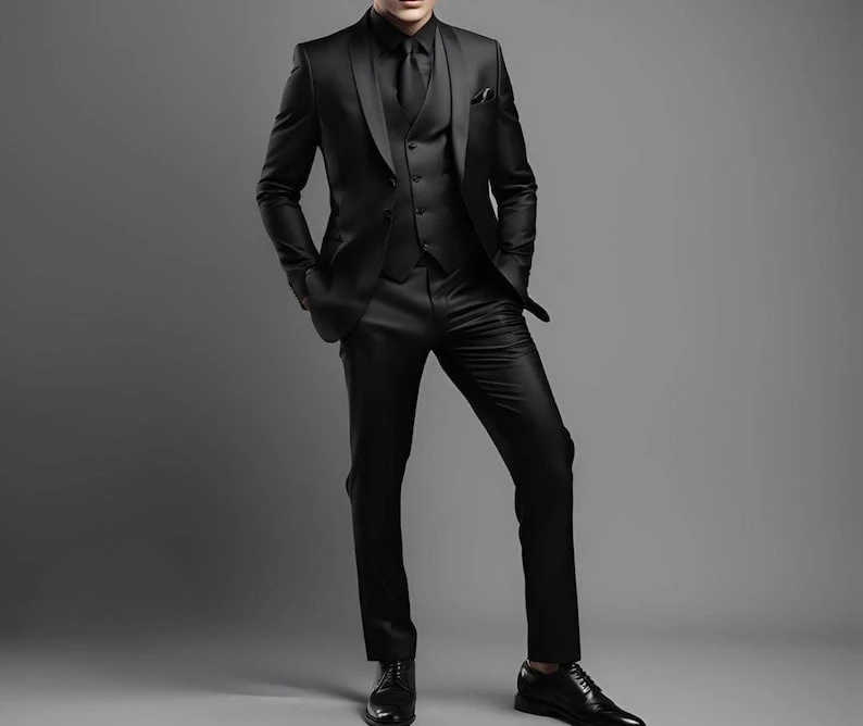 

Black Silk 3 Piece Suit Tailored Bespoke Men's Suit