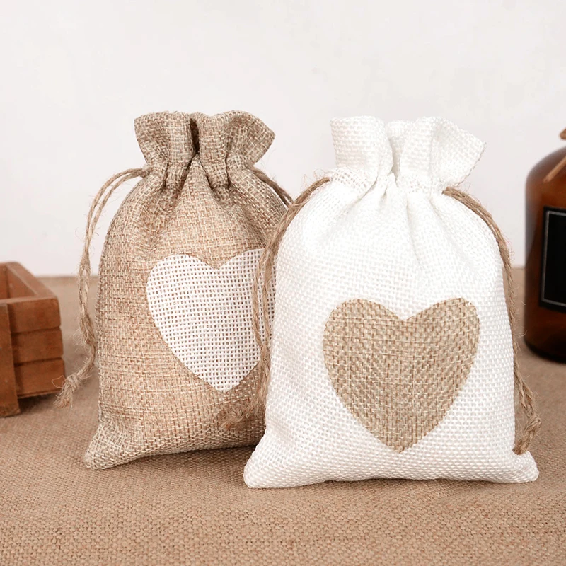 

10pcs Love Heart Jute Drawstring Bags Wedding Candy Gift Jewelry Packaging Burlap Bag Xmas Birthday Party Decor Valentines Gifts