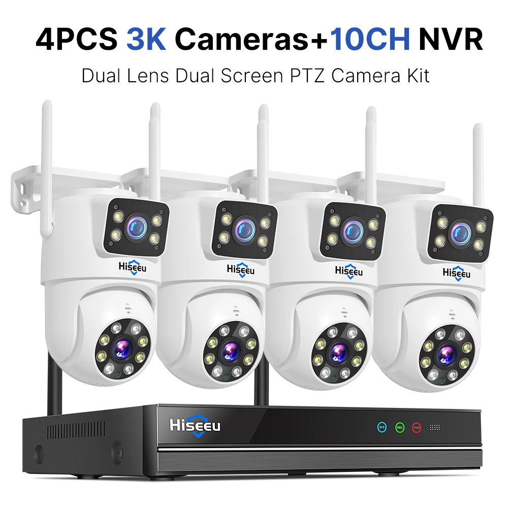 Hiseeu 3K 6MP Dual Lens WiFi CCTV Surveillance Kit Automatische Tracking Kleuren Nachtzicht P2P 10CH NVR IP Camera's Beveiligingssysteem
