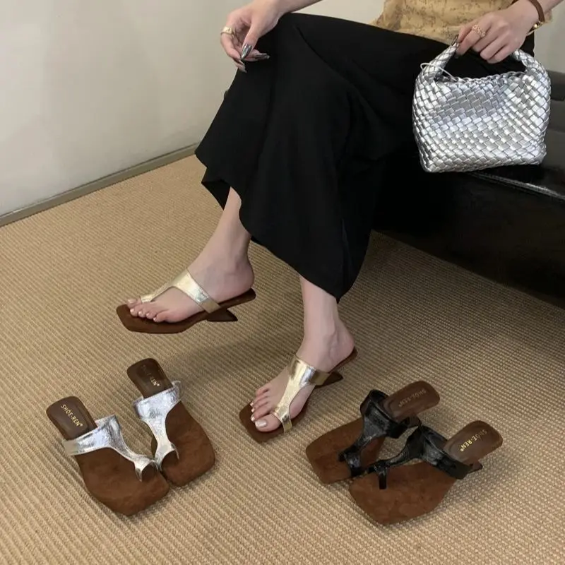 

Silver Heeled Sandals Summer Wedges Slippers For Woman Casual Low Heels Ladies Shoes Gold Square Toe Sandalias De Mujer