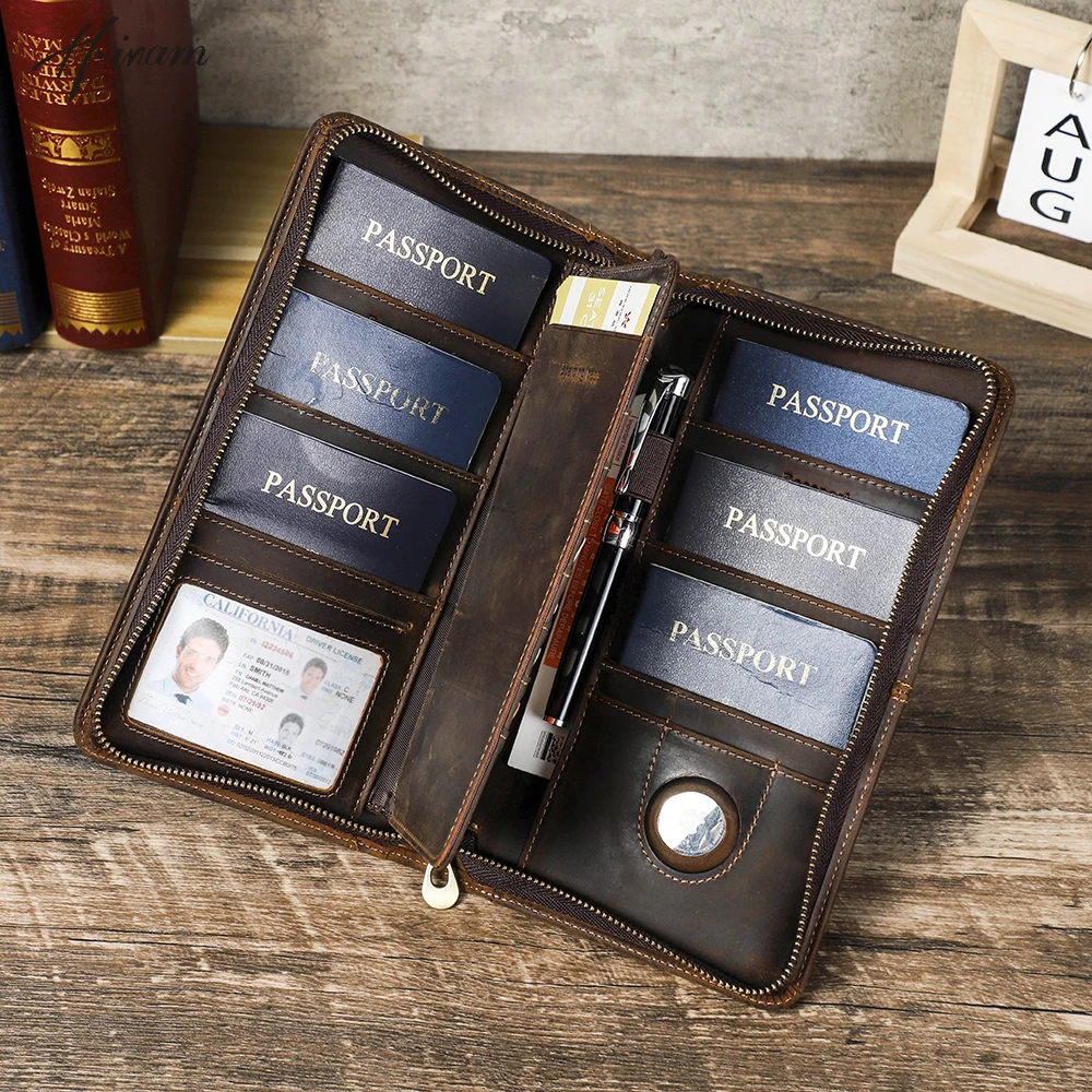 Family Passport Wallet with AirTag Slot for Travel Genuine Leather Credit Card Boarding Pass Holder Pen Cover Money Clutch Bag