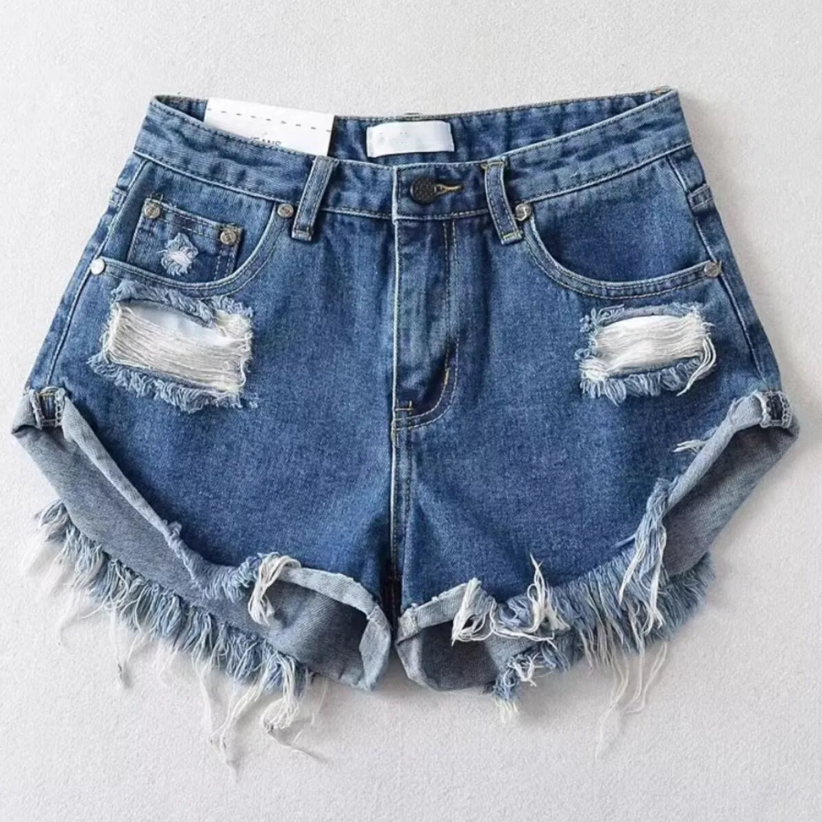 Summer Women's Ripped Denim Shorts American New Casual Fashion Slim Solid Color Spicy Girl High Waist Fringed Hot Pants